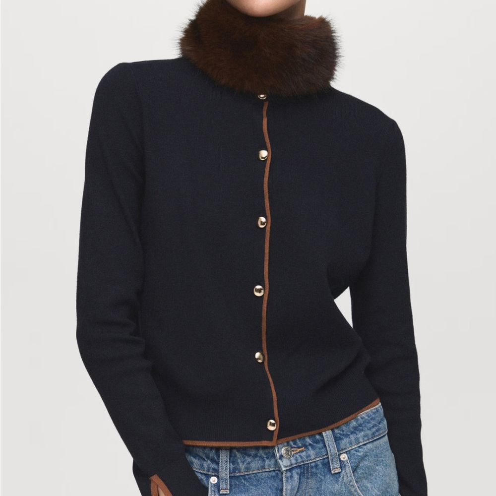 Navy Mango Cardigan with Brown Trim